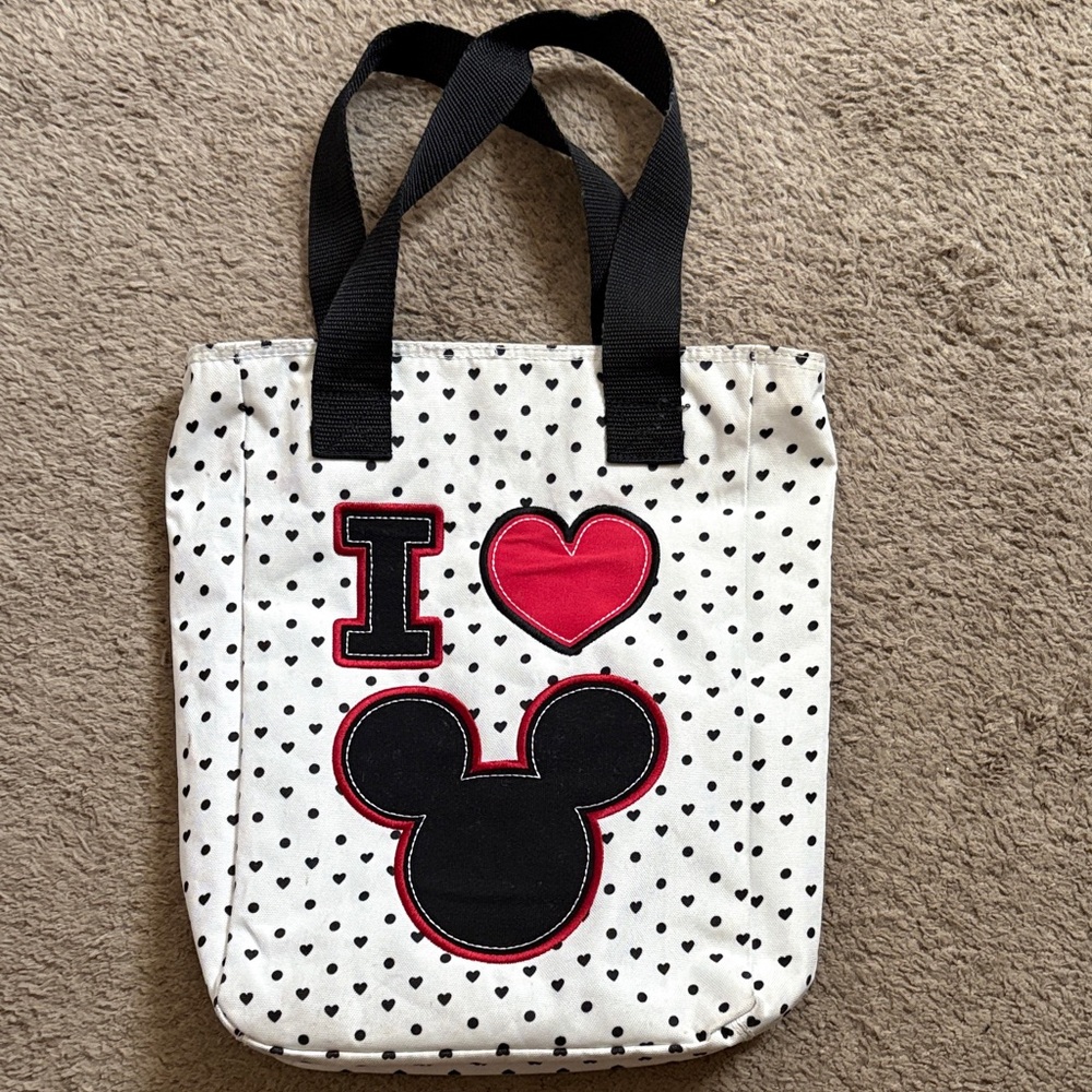 Polka Dot Tote Bag with Heart and Mouse Design